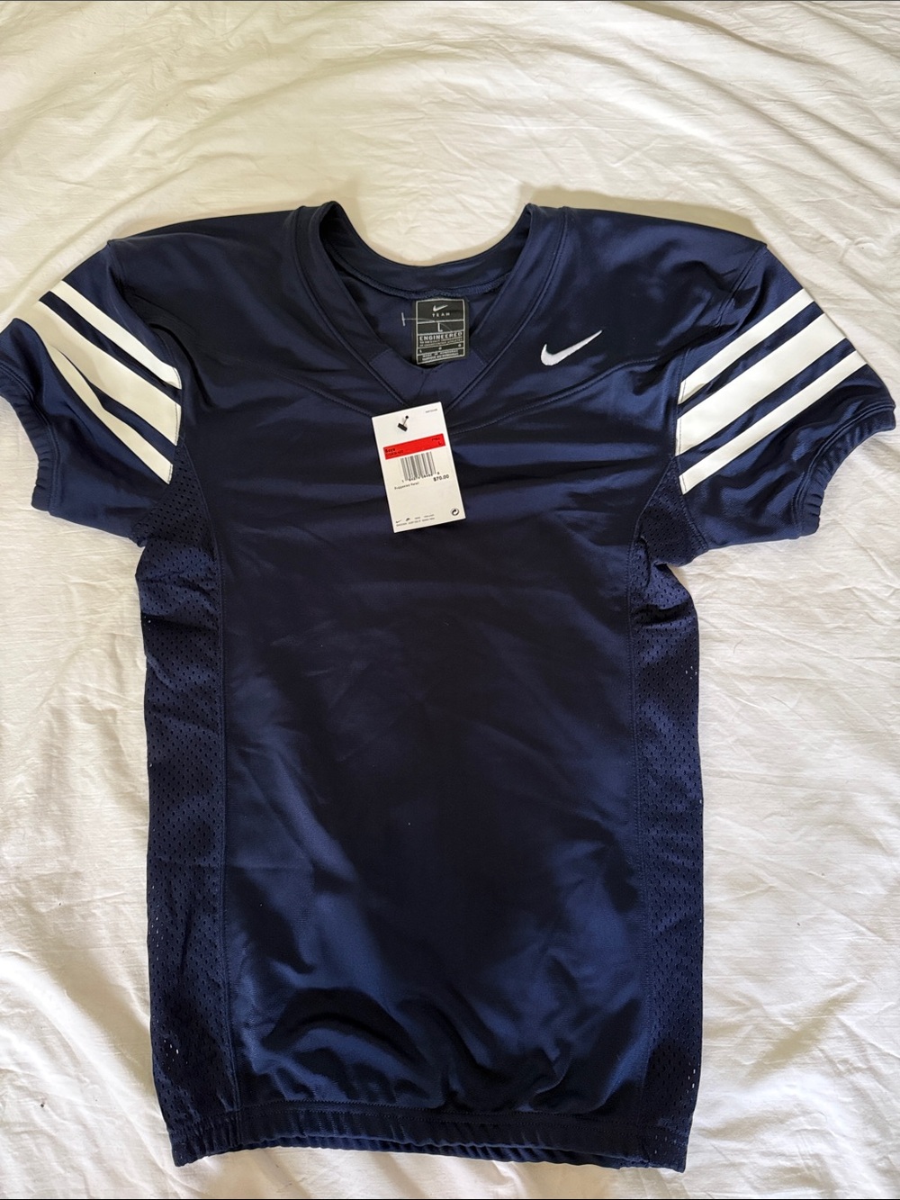 Nike Boys Navy Football Jersey with White Sleeve Stripes
